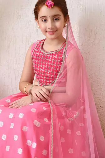 Girls pretty pink embroidered lehenga choli set with net dupatta