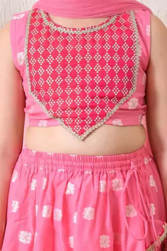 Girls pretty pink embroidered lehenga choli set with net dupatta