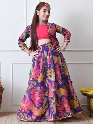 Girls purple floral printed lehenga choli set with stylish jacket 1