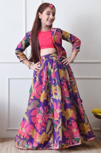 Girls purple floral printed lehenga choli set with stylish jacket