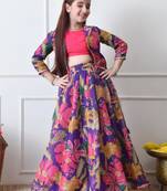Girls purple floral printed lehenga choli set with stylish jacket