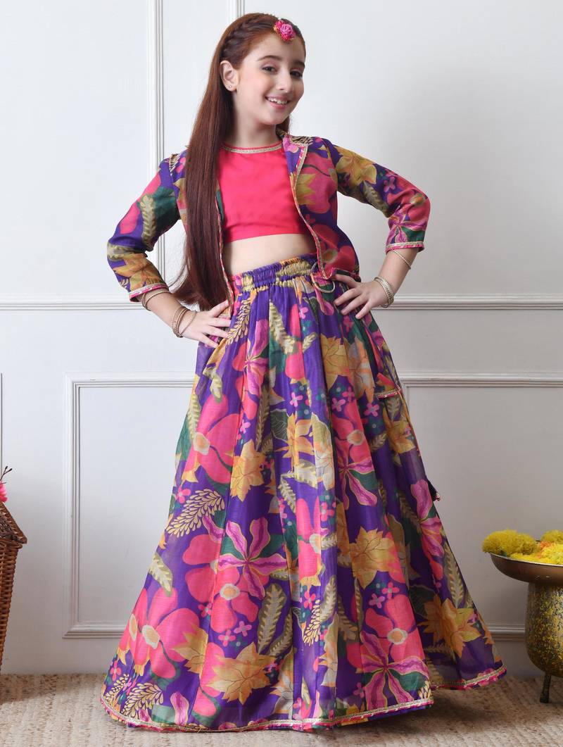 Girls purple floral printed lehenga choli set with stylish jacket