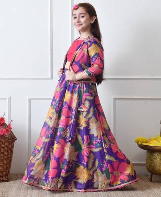 Girls purple floral printed lehenga choli set with stylish jacket 2
