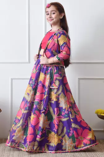 Girls purple floral printed lehenga choli set with stylish jacket