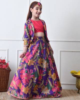Girls purple floral printed lehenga choli set with stylish jacket 3