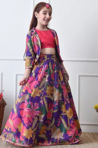 Girls purple floral printed lehenga choli set with stylish jacket