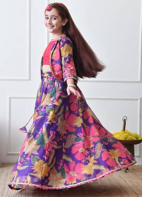 Girls purple floral printed lehenga choli set with stylish jacket 4