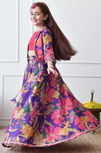 Girls purple floral printed lehenga choli set with stylish jacket