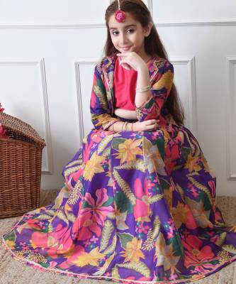 Girls purple floral printed lehenga choli set with stylish jacket 5