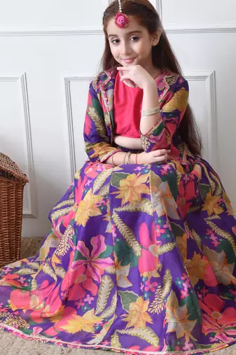 Girls purple floral printed lehenga choli set with stylish jacket