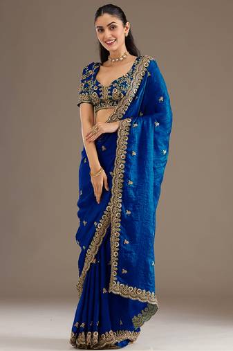 Amazing Royal Blue Embroidered Tissue Silk Reception Wear Saree With Blouse