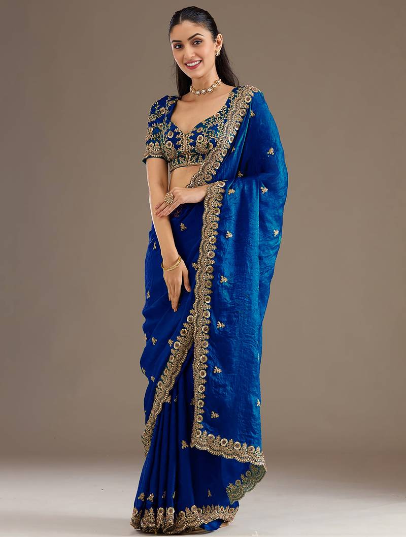 Amazing Royal Blue Embroidered Tissue Silk Reception Wear Saree With Blouse