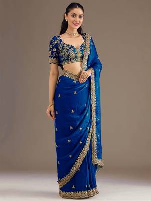 Amazing Royal Blue Embroidered Tissue Silk Reception Wear Saree With Blouse 2