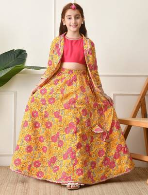 Girls mustard yellow floral printed lehenga choli set with stylish jacket 1