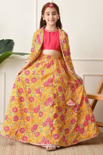Girls mustard yellow floral printed lehenga choli set with stylish jacket