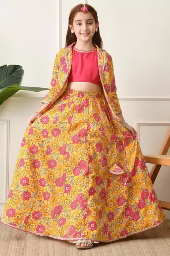 Girls mustard yellow floral printed lehenga choli set with stylish jacket