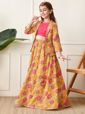 Girls mustard yellow floral printed lehenga choli set with stylish jacket 2