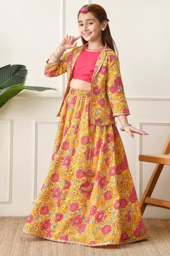 Girls mustard yellow floral printed lehenga choli set with stylish jacket