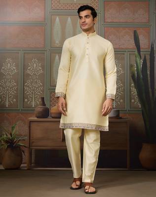 LIGHT YELLOW SILK PREMIUM THREAD & SEQUINS EMBROIDERED WORK FESTIVAL PARTY WEAR STRAIGHT KURTA WITH JACKE AND PANT 8