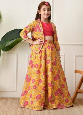 Girls mustard yellow floral printed lehenga choli set with stylish jacket 3