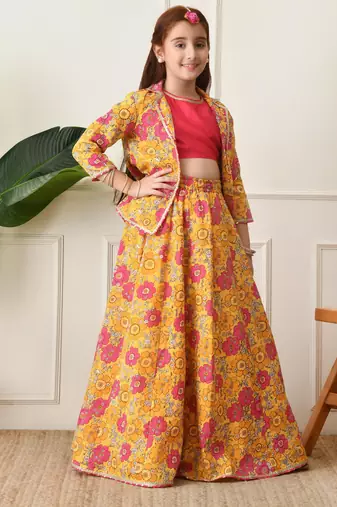 Girls mustard yellow floral printed lehenga choli set with stylish jacket