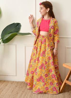 Girls mustard yellow floral printed lehenga choli set with stylish jacket 4