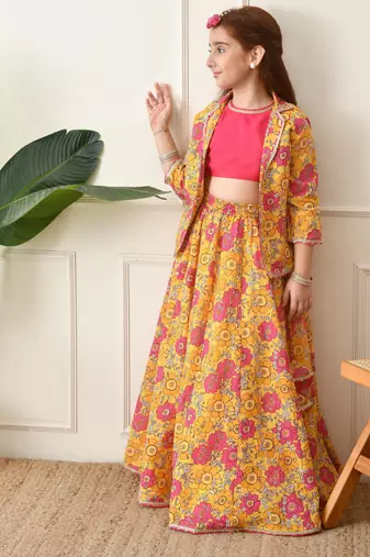 Girls mustard yellow floral printed lehenga choli set with stylish jacket