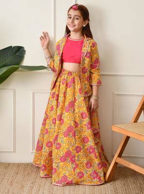 Girls mustard yellow floral printed lehenga choli set with stylish jacket 5