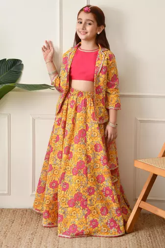 Girls mustard yellow floral printed lehenga choli set with stylish jacket