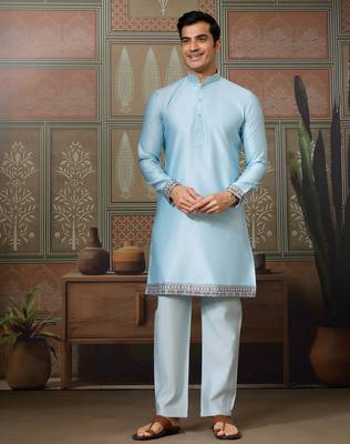 SKY BLUE SILK PREMIUM THREAD & SEQUINS EMBROIDERED WORK WEDDING FESTIVAL PARTY WEAR STRAIGHT KURTA WITH JACKE AND PANT 9