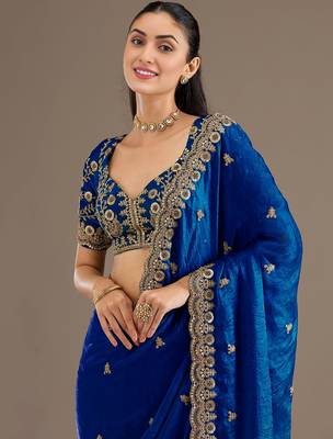 Amazing Royal Blue Embroidered Tissue Silk Reception Wear Saree With Blouse 6