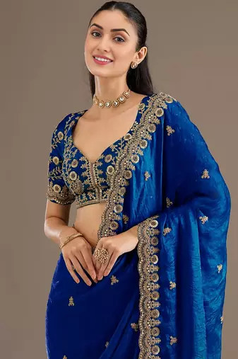 Amazing Royal Blue Embroidered Tissue Silk Reception Wear Saree With Blouse