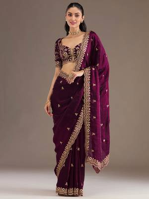 Outstanding Wine Embroidered Tissue Silk Wedding Wear Saree With Blouse 1