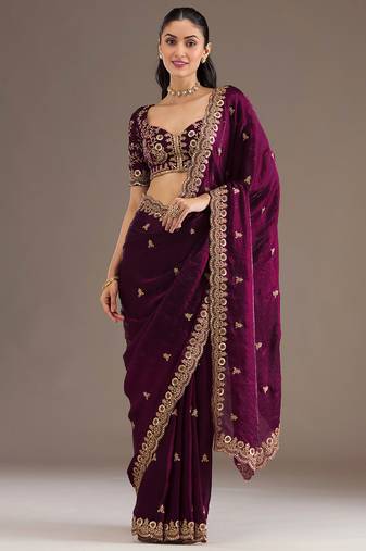Outstanding Wine Embroidered Tissue Silk Wedding Wear Saree With Blouse