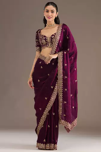 Outstanding Wine Embroidered Tissue Silk Wedding Wear Saree With Blouse
