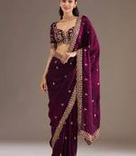 Outstanding Wine Embroidered Tissue Silk Wedding Wear Saree With Blouse