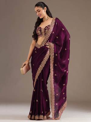Outstanding Wine Embroidered Tissue Silk Wedding Wear Saree With Blouse 2