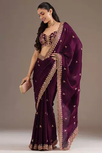 Outstanding Wine Embroidered Tissue Silk Wedding Wear Saree With Blouse
