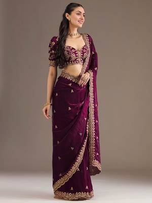 Outstanding Wine Embroidered Tissue Silk Wedding Wear Saree With Blouse 3
