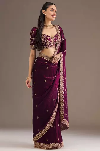 Outstanding Wine Embroidered Tissue Silk Wedding Wear Saree With Blouse