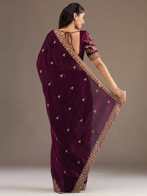 Outstanding Wine Embroidered Tissue Silk Wedding Wear Saree With Blouse 4