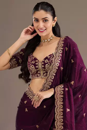 Outstanding Wine Embroidered Tissue Silk Wedding Wear Saree With Blouse