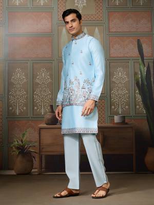 SKY BLUE SILK PREMIUM THREAD & SEQUINS EMBROIDERED WORK WEDDING FESTIVAL PARTY WEAR STRAIGHT KURTA WITH JACKE AND PANT 10