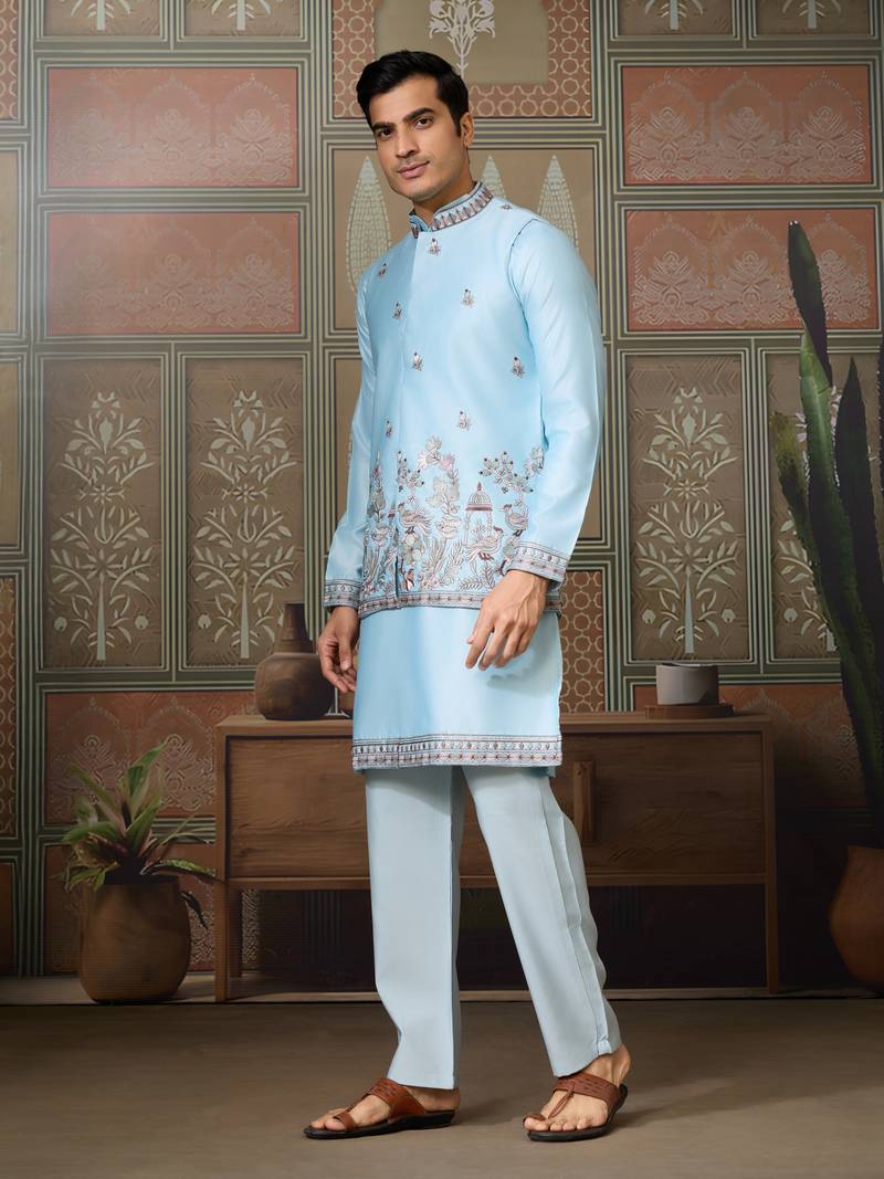 Sky blue silk premium thread & sequins embroidered work wedding festival party wear straight kurta with jacke and pant