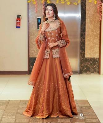 Brown simmer silk party wear  embroidery Skirt suit 1