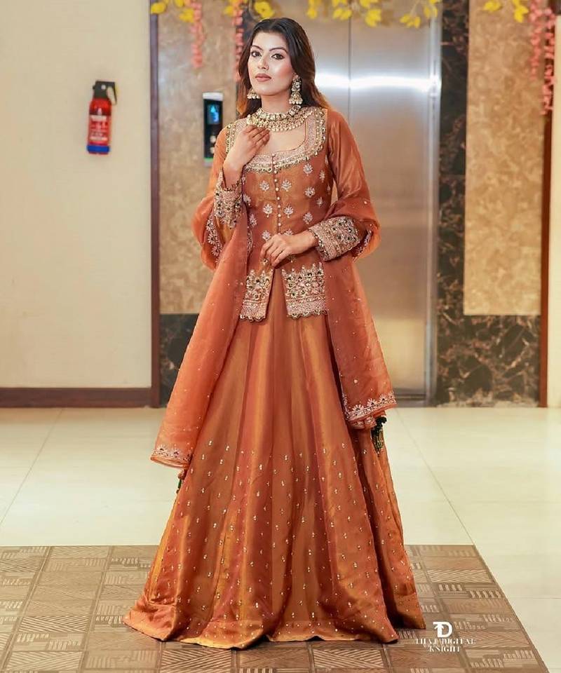 Brown simmer silk party wear  embroidery Skirt suit
