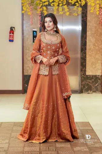Brown simmer silk party wear  embroidery Skirt suit