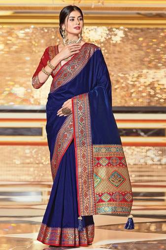 Blue colour plain border work silk saree with blouse
