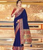Blue colour plain border work silk saree with blouse
