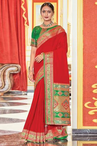 Red colour plain border work silk saree with blouse